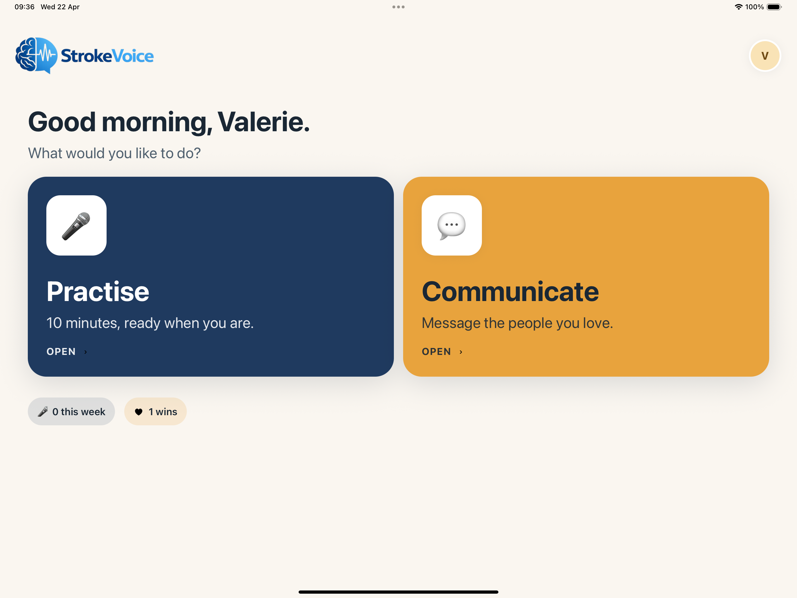 StrokeVoice home screen: greeting, Practice and Communicate tiles.